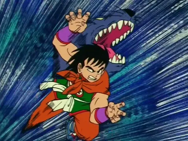A screen capture of Yamcha doing his iconic move, Wolf Fang Fist, from the animated series, Dragon Ball