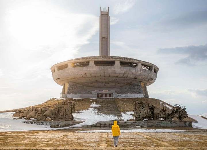 Person walking towards Buzludzha Monument, Bulgaria